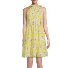 Eliza J Yellow Floral Print Trapeze Tiered Dress Size 6 - Mockneck With Ties - Sleeveless - Concealed Back Zip Closure - Side Slip Pockets - Tiered - Lined New With Tags 100 % Polyester Chest: 18" Length: 35.5" Shift Dress Formal, Cold Shoulder Shift Dress, Long Sleeve Cotton Dress, Eliza Dress, Black Dress With Sleeves, Eliza J Dresses, Floral Shift Dress, Ruffle Sleeve Dress, Eliza J