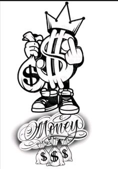 the word money is drawn in black and white with a crown on top of it