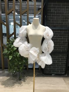 a mannequin with white ruffles on it in front of a plant