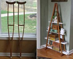 two pictures side by side one has a ladder and the other has a book shelf