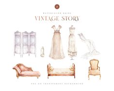 watercolor bride's vintage story with furniture and dresses on display in front of them