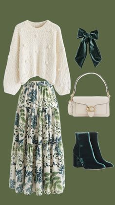 a dress, purse and shoes are arranged on a green background