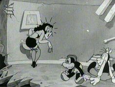 an old cartoon scene with goofy and minnie dancing in the living room while mickey mouse watches