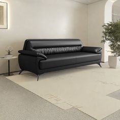 a black leather couch sitting on top of a white rug next to a potted plant