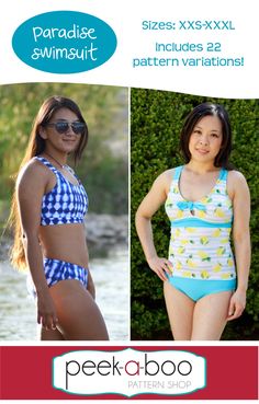 two women in swimsuits with the words paradise swimsuit on them and an image of