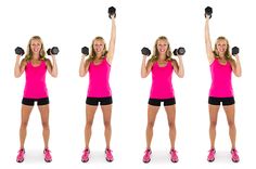 a woman in pink shirt holding two dumbbells and one with both hands up