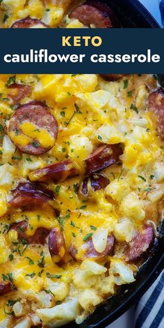 a skillet filled with eggs, sausage and cheese