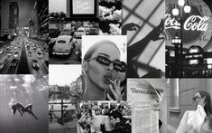 black and white collage with images of people, cars, and buildings in the background