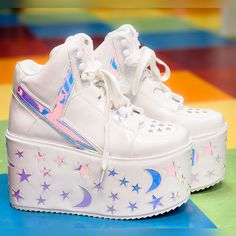 Nwob Rare Yru Qozmo Moon & Star Platform Sneakers Iridescent White Size 8. Bright Sky With A Blanket Of The Moon And Stars. Wear A Piece Of Our Universe And Dive Into Atlantis Cool Colors In The Qozmo. White Vegan Patent Leather Upper Atlantis Moon And Star Cut Outs Wrapped Eva Bottom 3 Inch Platform, 4 Inch Heel White Tricot Lining Star Sandals, Kawaii Boots, Yru Shoes, Homecoming Outfit, The Moon And Stars, Star Boots, Homecoming Outfits, Iridescent White, Our Universe