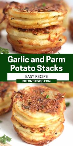 garlic and parm potato stacks on a plate with text overlay that reads garlic and parm potato stacks