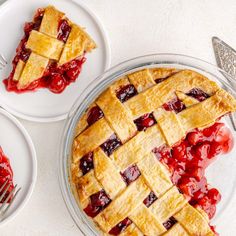 two plates with pies and forks on them