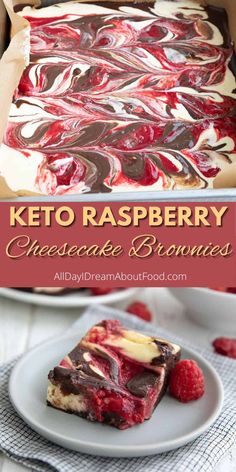 keto raspberry cheesecake brownies on a plate