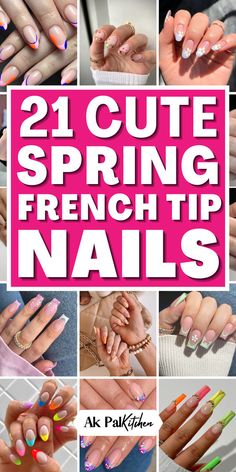 21 Cute Spring French Tip Nails - Ak Pal Kitchen French Tip Manicure With Flower, Nails Floral, French Tip Nail Art, Chic Manicure, Glitter French Tips, Manicure Designs