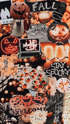 a collage of halloween images with pumpkins and other decorations