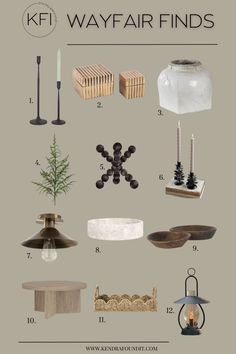 different types of lamps and candle holders with text that reads, kf wayfair finds