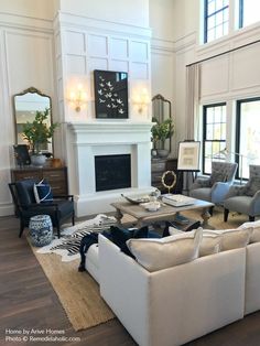 a living room filled with furniture and a fire place in the middle of a room