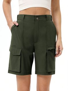 Verde militar Casual Collar   Liso Shorts deportivos Embellished Utility Bottoms With Built-in Shorts For Outdoor Activities, Solid Color Summer Cargo Shorts For Outdoor, Outdoor Bottoms With Built-in Shorts, Short Cargo Shorts With Pockets For Camping, Cargo Shorts With Pockets For Camping, Summer Cargo Shorts With Functional Pockets For Outdoor, Summer Outdoor Cargo Shorts With Functional Pockets, Summer Bottoms With Functional Pockets For Outdoor Activities, Khaki Outdoor Shorts With Multiple Pockets