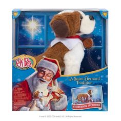 the stuffed dog is dressed as santa claus