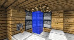 an empty room with a blue door in it