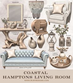 the coastal living room is filled with furniture and decor, as well as other items