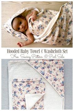 a baby wrapped in a flowered towel and washcloth set, with the words hooded baby towel and washcloth set