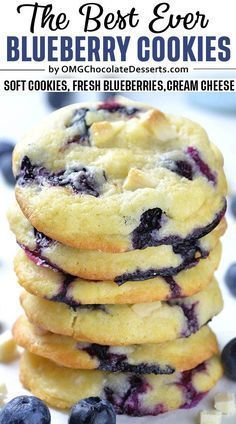 blueberry cookies stacked on top of each other with text overlay that reads, the best ever blueberry cookies