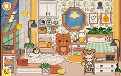 a teddy bear sitting in the middle of a room filled with furniture and other items