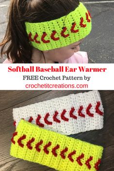 two crocheted headbands with the words softball ear warmer written on them