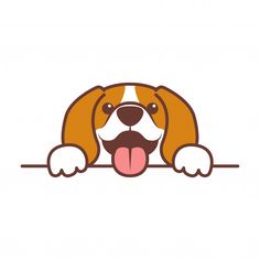 a brown and white dog with its tongue hanging out from behind a blank sign or banner