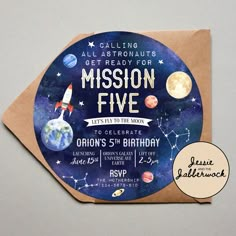 a birthday card with an image of the outer planets on it and a sticker that says,'mission five '