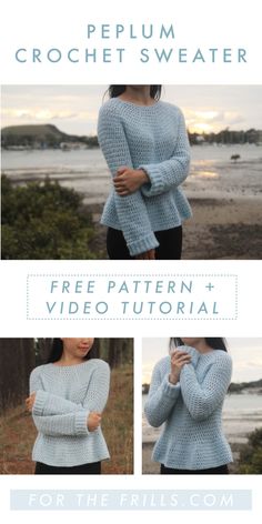 the crochet sweater pattern is shown in three different views, with text overlaying