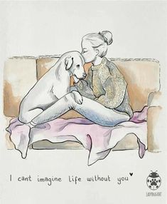 a drawing of two women sitting on a couch, one holding a dog and the other reading i can't imagine life without you