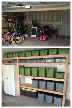 two pictures side by side one shows the inside of a garage and the other shows storage