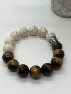 Magnesite & Tigereye Masonic bracelet White Bangle Bracelet With Natural Stones, Symbolic White Round Bead Jewelry, Symbolic White Jewelry With Round Beads, Symbolic White Adjustable Bracelet, Adjustable Symbolic White Bracelet, White Adjustable Symbolic Bracelets, Adjustable White Symbolic Bracelets, Casual White Bracelet With Natural Stones, Casual White Bracelets With Natural Stones