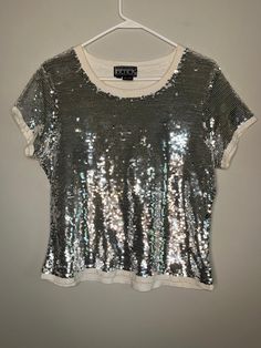 This shirt is in great condition with no stains, tears, or holes. If you have any questions please feel free to ask. Flat Lay Measurements: Chest: 20 inches Shoulder: 16 inches Length: 23 inches Glam Disco, Glitz And Glam, Disco Ball, Party Shirts, Flat Lay, Womens Clothing Tops, Sequin, Tops & Tees, Feel Free