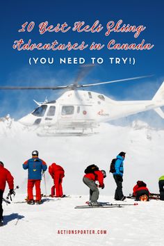 a group of people standing in front of a helicopter on top of a snow covered mountain