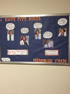 a bulletin board that has been decorated with pictures and words for the five rules to memo them