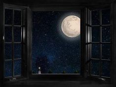 an open window looking out at the night sky