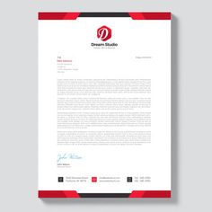 a letterhead with red and black accents