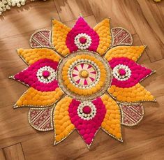 Indian Floral Gota Patti Rangoli Set, Navratri Pooja Table LED Lights Holder, Indie Room Decor, Wedding Event Diwali Decorations, Kolam Mats This package contains 1 centerpiece and 8 side pieces.   These are perfect for adding a decorative touch to any room's decor. Perfect coffee table or fireplace centerpiece. These round candle holders will give your tealights a special glow. Works with any standard tealight candles. The best efforts have been made to take photos representing the true colors Entrance Decor Wedding, Aesthetic Rangoli, Navratri Pooja, Diwali Pooja, Home Flower Decor, Round Candle Holder, Diwali Decorations At Home, Diwali Decoration Items, Diy Diwali Decorations