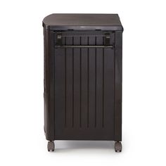 a small black cabinet with wheels on the front and bottom, against a white background