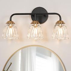 three light bathroom fixture with clear glass shades on the wall and round mirror above it