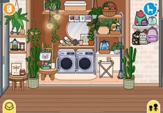 a room filled with lots of potted plants next to a wall mounted dryer