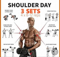 a poster showing how to do shoulder exercises with dumbbells and barbell curls