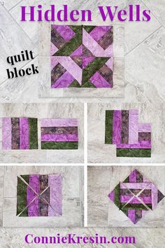 an image of a quilt block with the words hidden wells on it and four different blocks