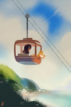 a painting of a person riding a cable car with a dog in the front seat