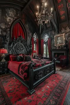 an ornate bedroom with red and black decor