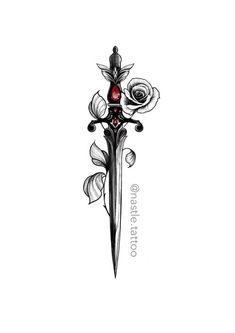 a dagger with roses on it and a red eye in the center is drawn by hand