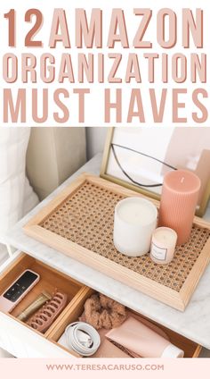 an organized drawer with candles and other items in it that are labeled 12 amazon organization must haves