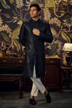 Navy blue long sherwani with sequin embroidery all over. - Aza Fashions Kurta For Men, Kurta Patterns, Sherwani For Men, Kurta Men, Sequin Embroidery, Sequins Embroidery, Band Collar, Blue Silk, Embroidered Silk